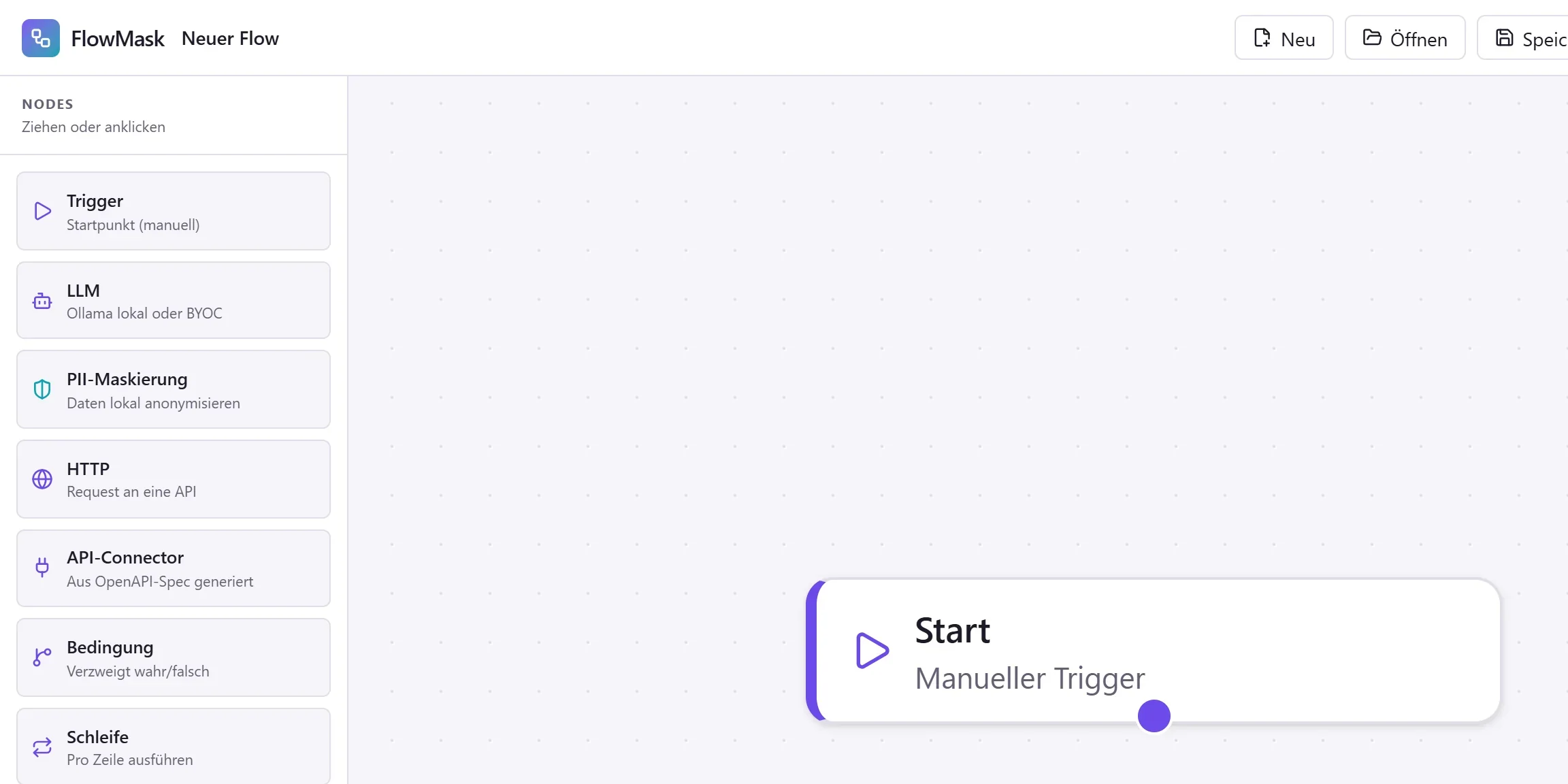 FlowMask Arbeitsoberfläche: Node-Palette, Canvas und Toolbar
