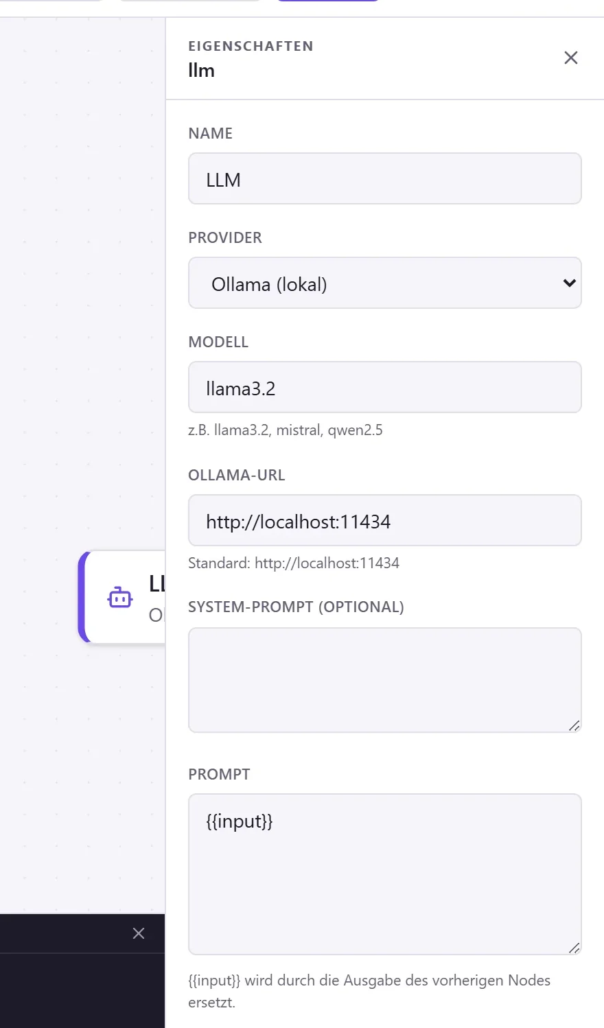 LLM-Node konfigurieren: Provider, Modell, Prompt