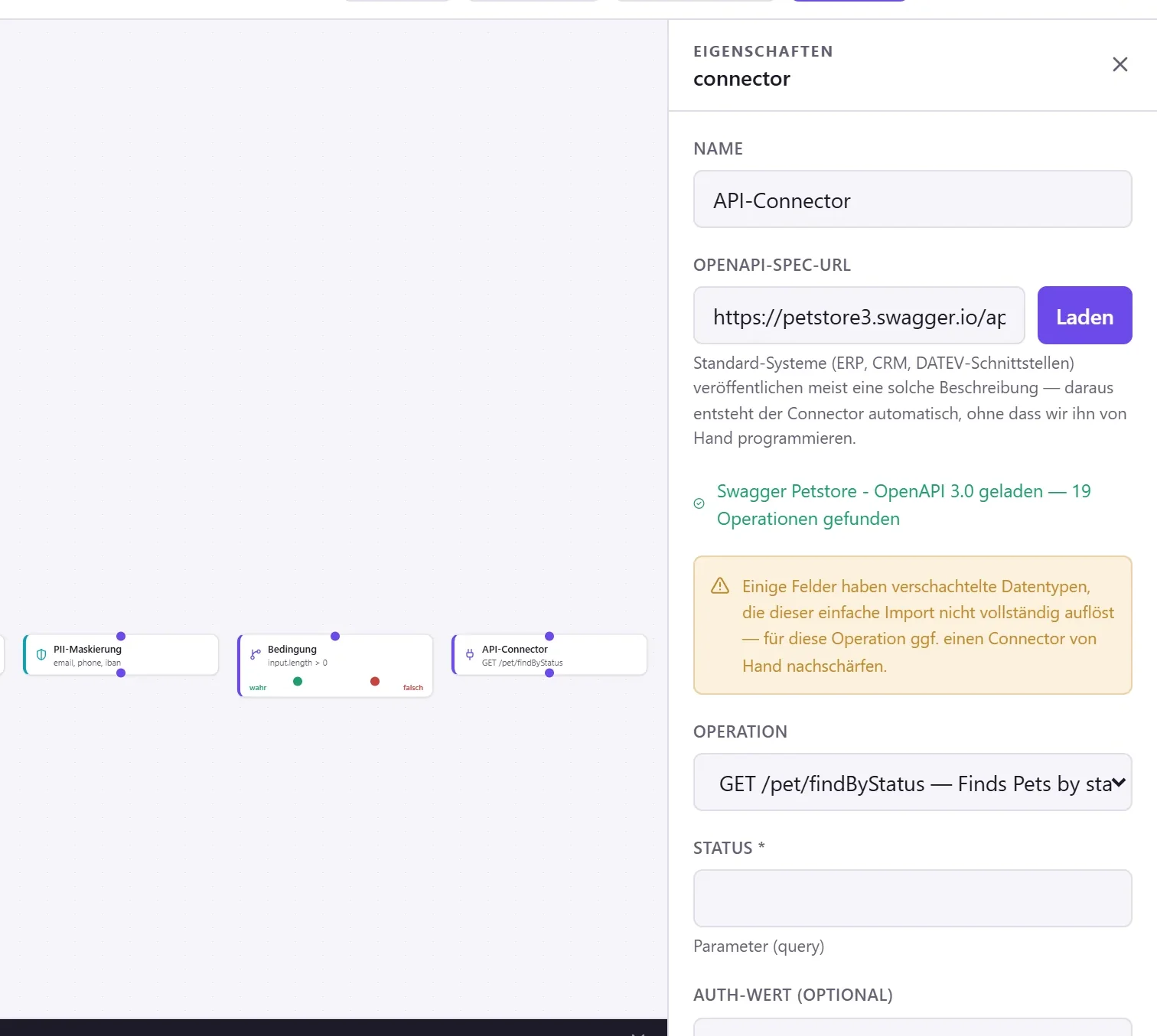 API-Connector mit echt geladener OpenAPI-Spezifikation